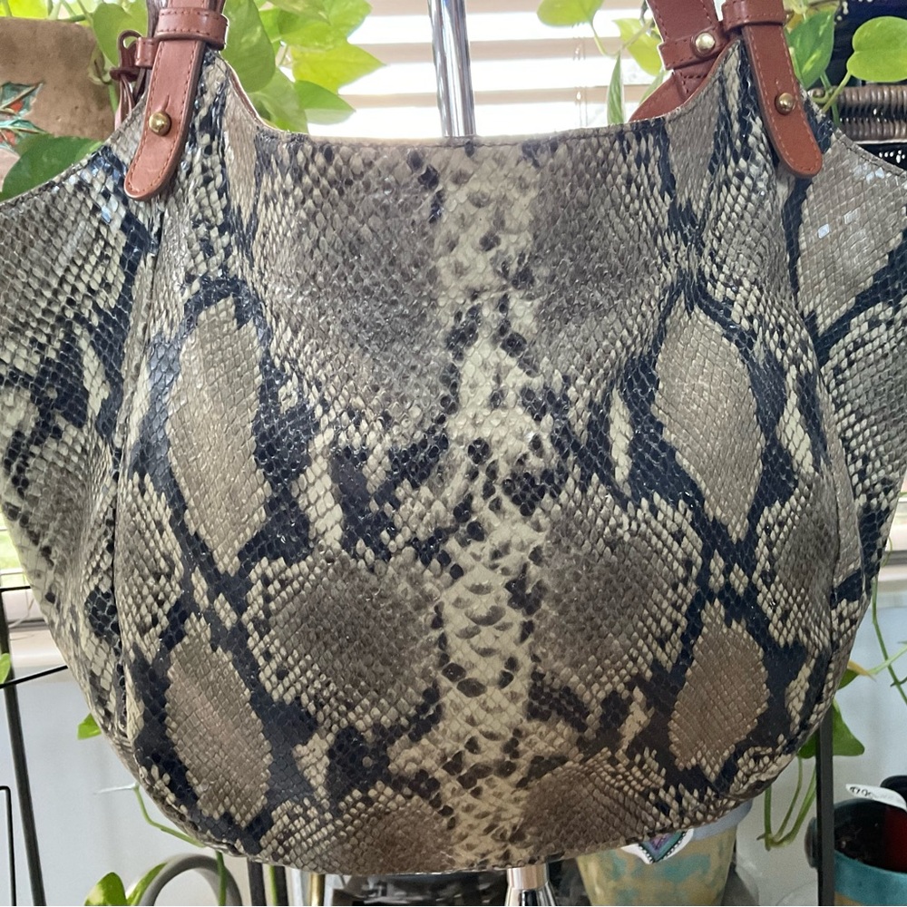 BRAHMIN PYTHON SNAKE SKIN BUCKET BAG DOUBLE STRAP MANY DETAILS INSIDE ZIP POCKET